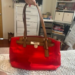 Michael Kors Vibrant Red Tote with Brown Accents